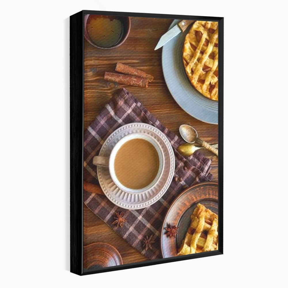 Tablou canvas cu natura moarta cu cafea si placinta, in rama de aluminiu negru